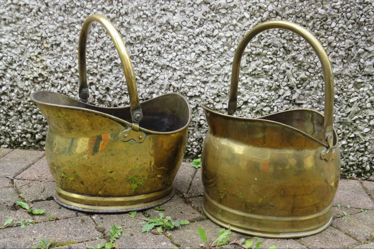 2 antique brass coal buckets - Image 2