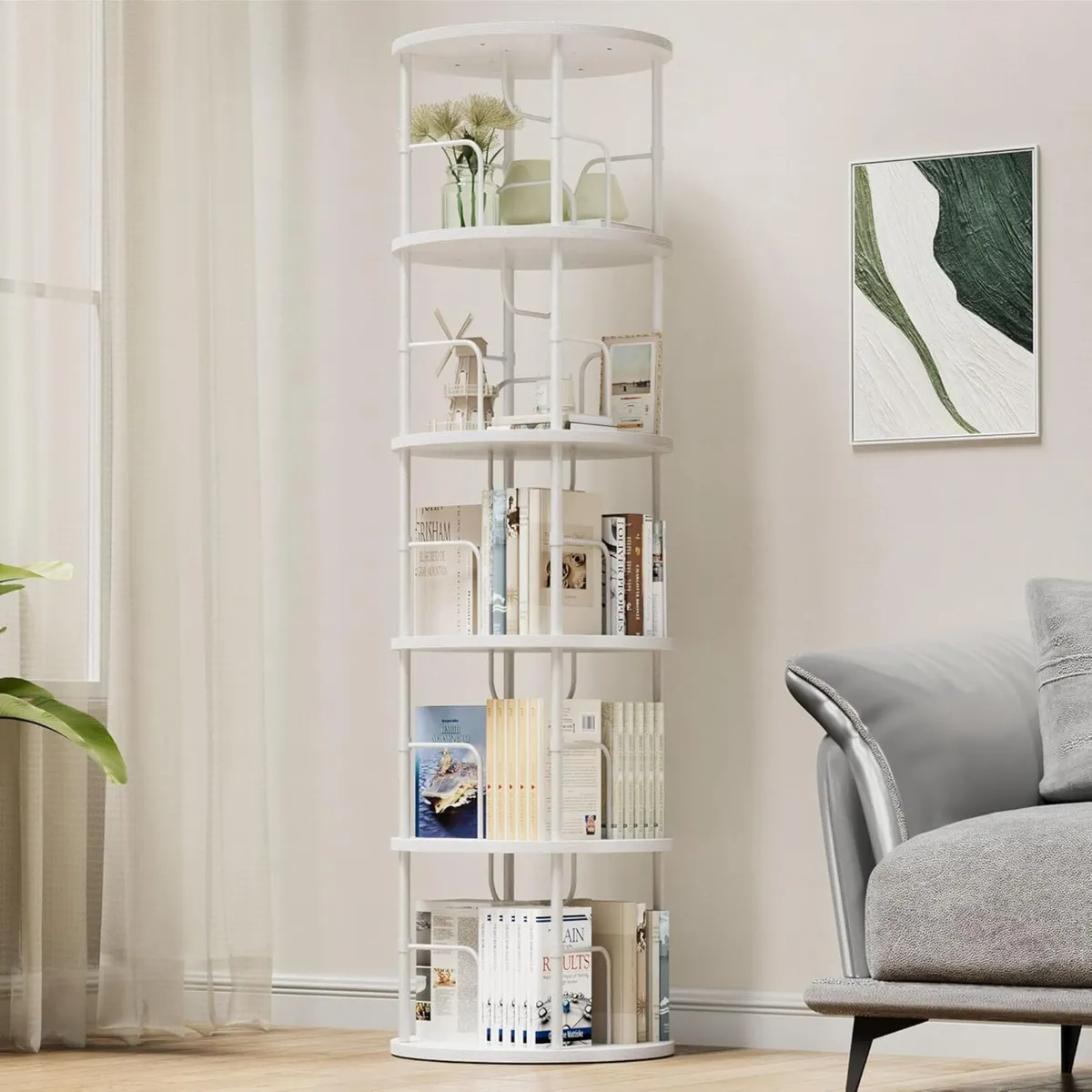 5 Tier Rotating Bookshelf 360degrees Corner Tower - Image 1