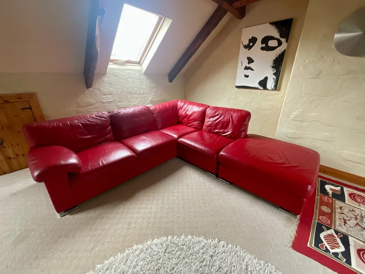 Genuine Leather Sofa & Poof - Image 2
