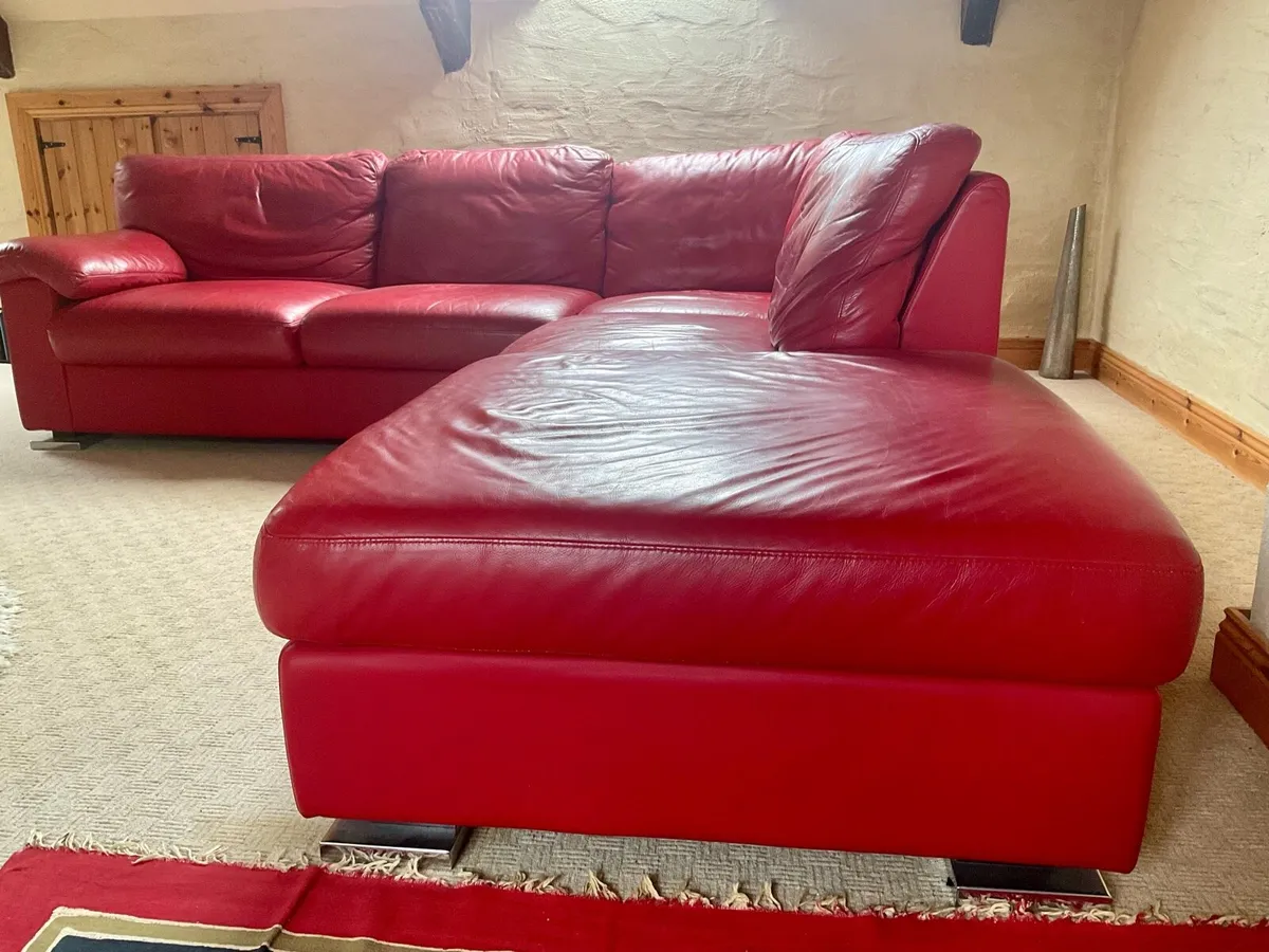 Genuine Leather Sofa & Poof - Image 3