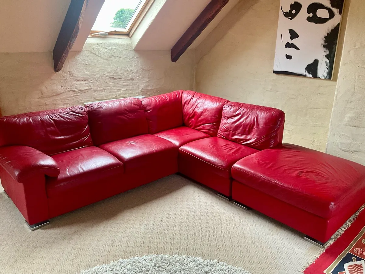 Genuine Leather Sofa & Poof - Image 4