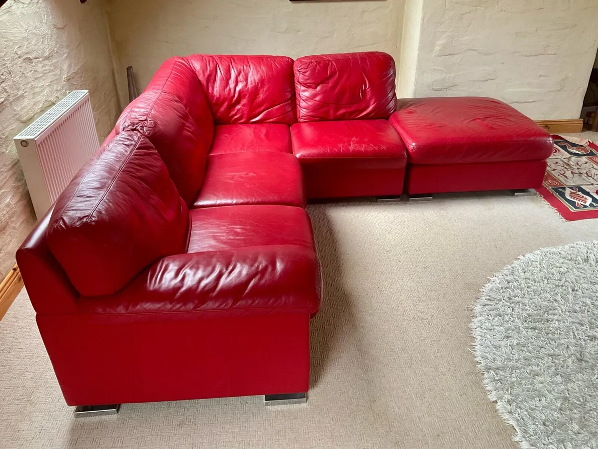 Genuine Leather Sofa & Poof - Image 1