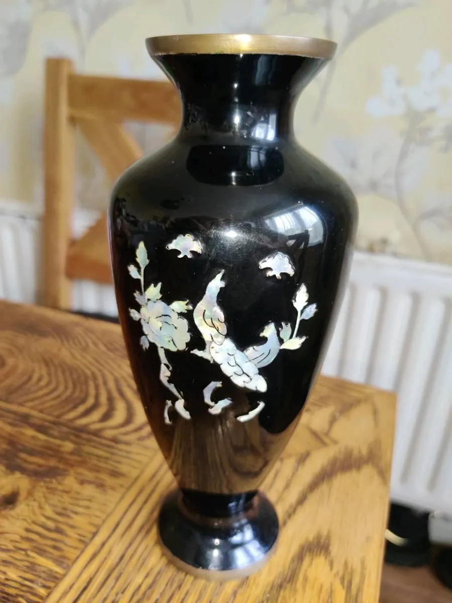 RARE, VINTAGE MOTHER OF PEARL, 10"Tall Brass Vase - Image 1