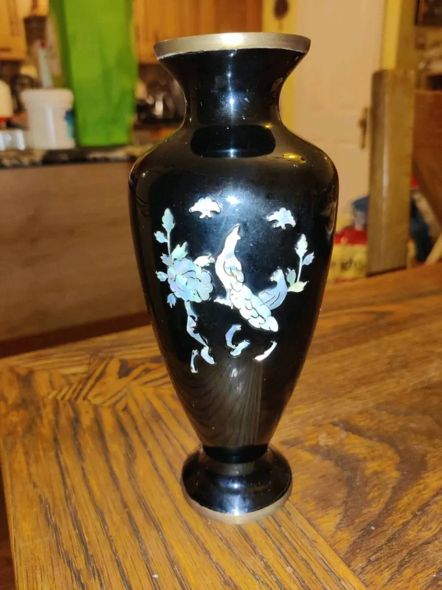RARE, VINTAGE MOTHER OF PEARL, 10"Tall Brass Vase - Image 4