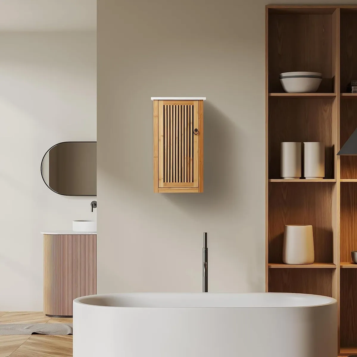Bathroom Cabinet Wall Mounted Wooden Bamboo - Image 2