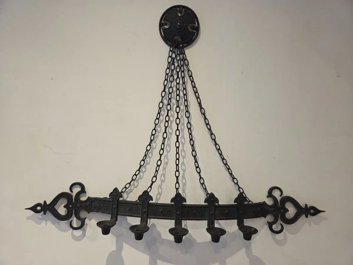 Vintage Wrought Iron Five-Light Hanging Candelabra - Image 2