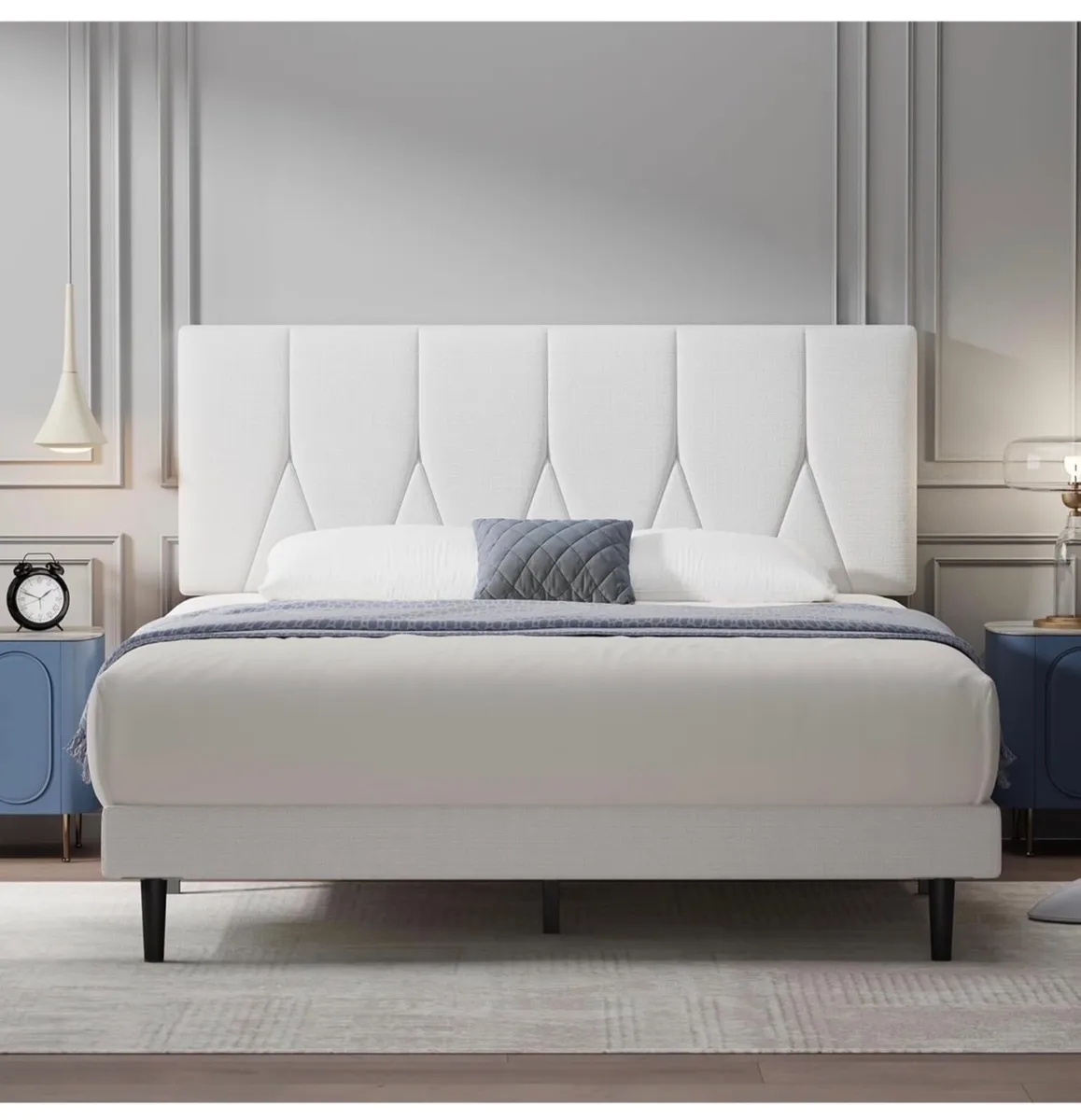 King Bed Frame, White, Upholstered Wooden Slat Bed - Image 4