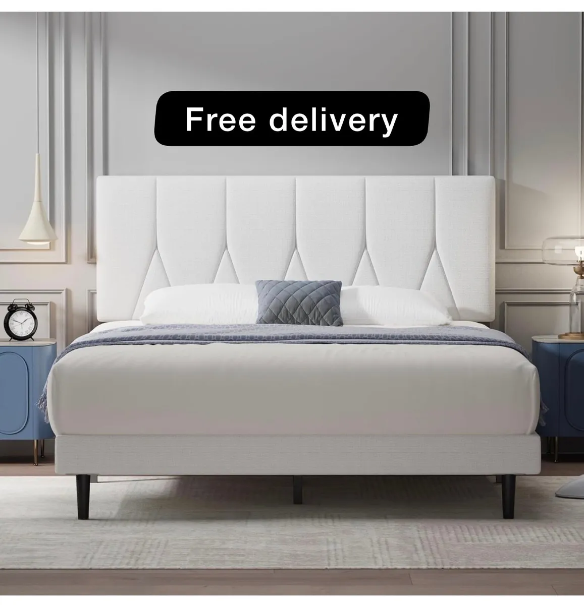 King Bed Frame, White, Upholstered Wooden Slat Bed - Image 1