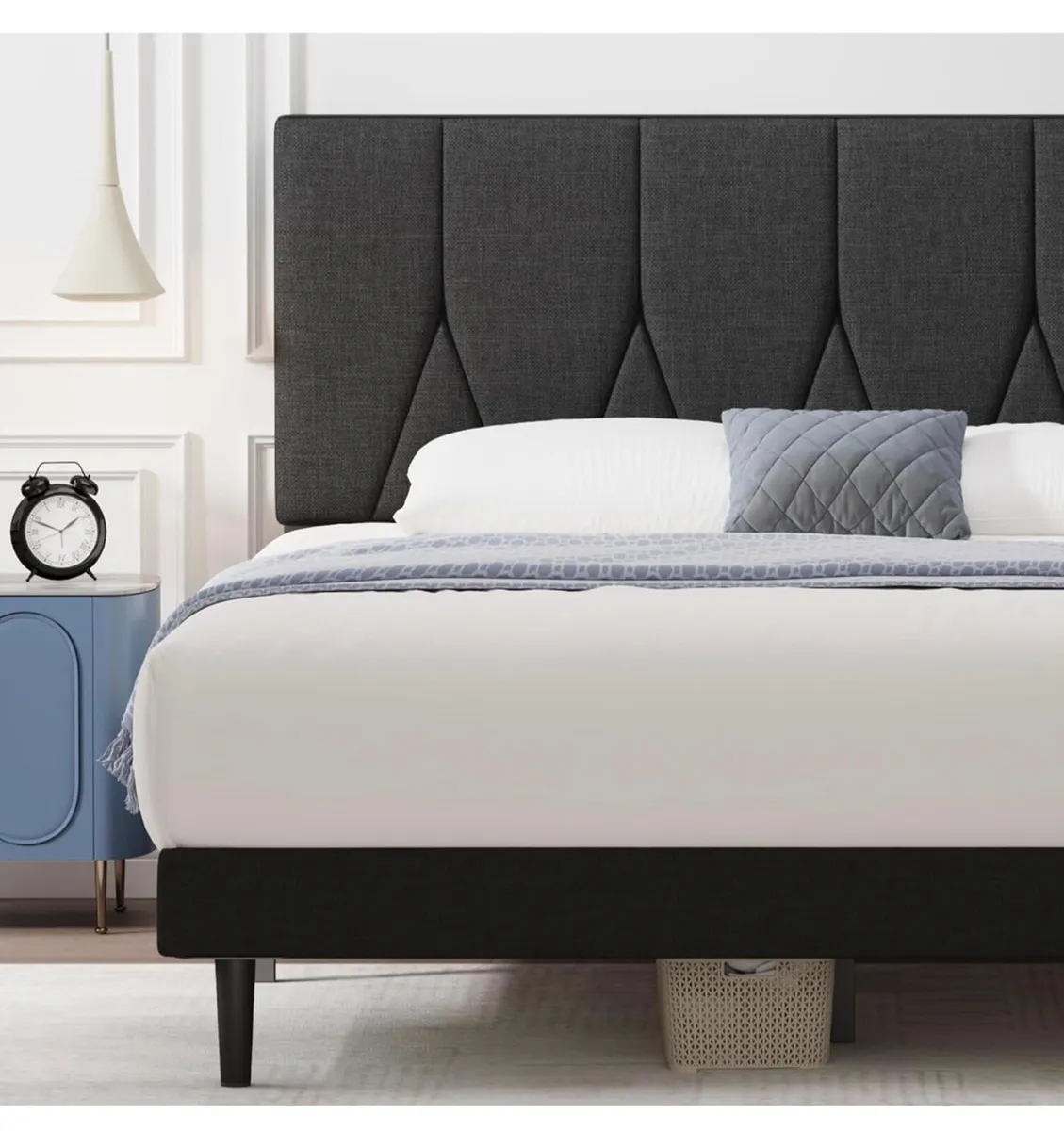 King Bed Frame, Black, Upholstered Wooden Slat Bed - Image 2