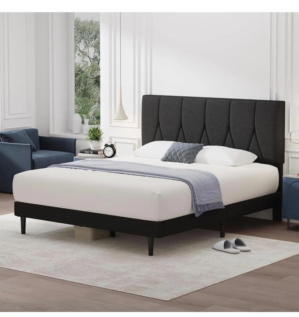King Bed Frame, Black, Upholstered Wooden Slat Bed - Image 1