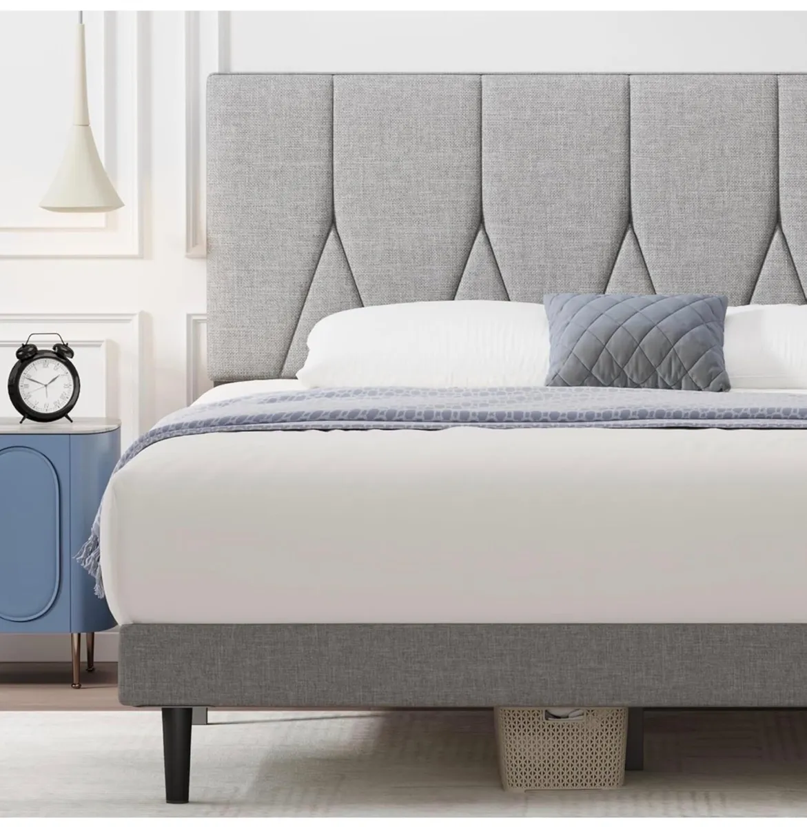 King Bed Frame, Light Grey, Upholstered Wooden Sla - Image 2