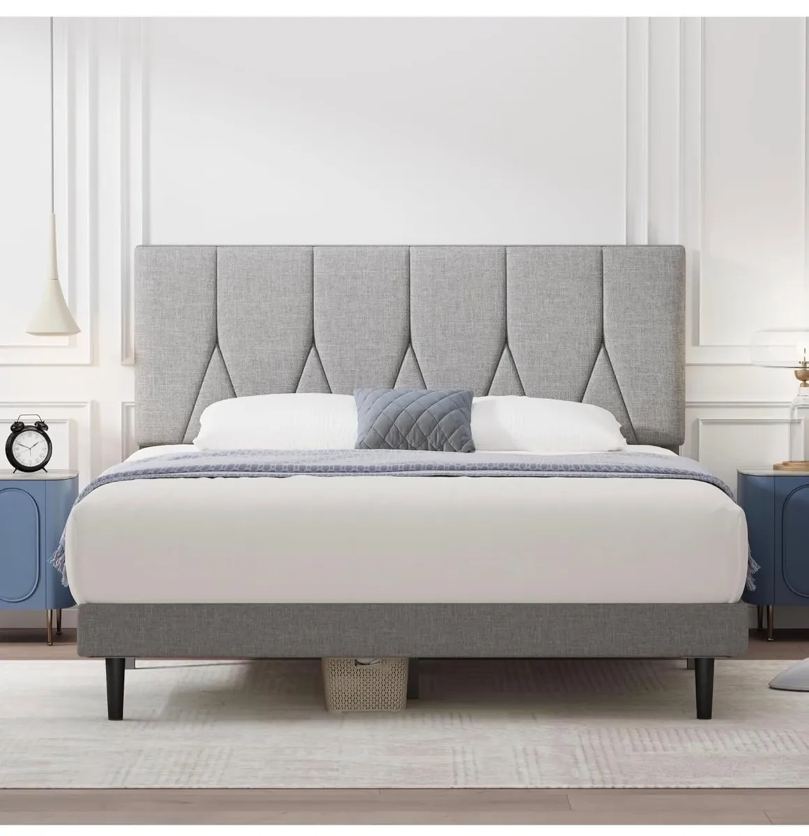 King Bed Frame, Light Grey, Upholstered Wooden Sla - Image 4