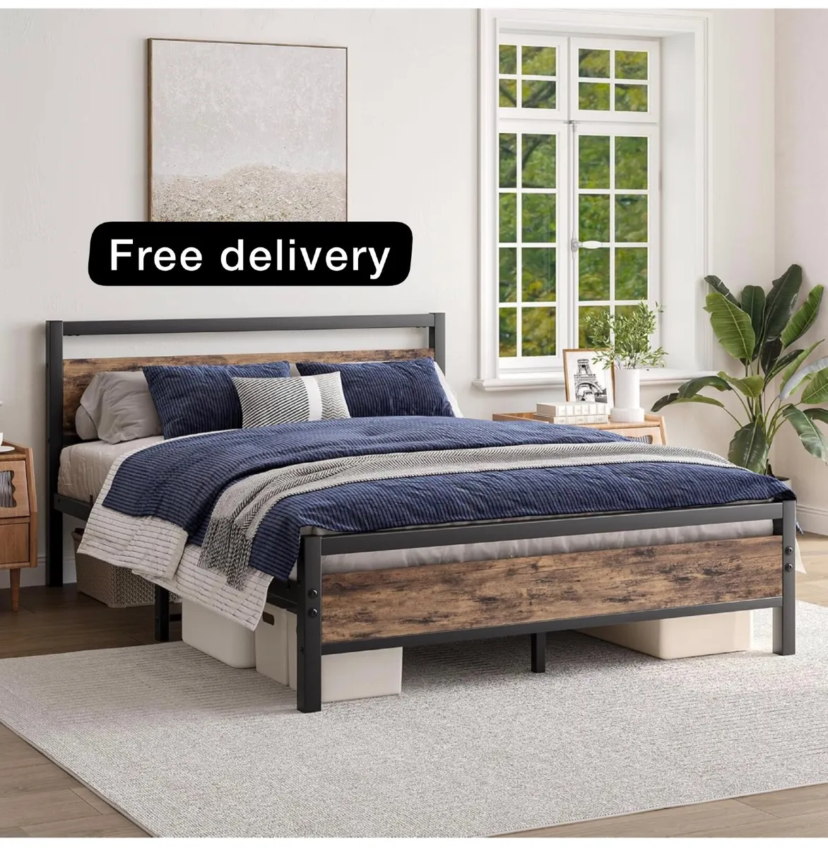 Metal Platform Bed Frame King Size with Wooden Hea - Image 1