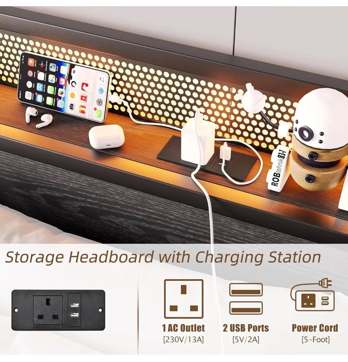 King Size Bed Frame with Storage,LED Lights,5ft Me - Image 2