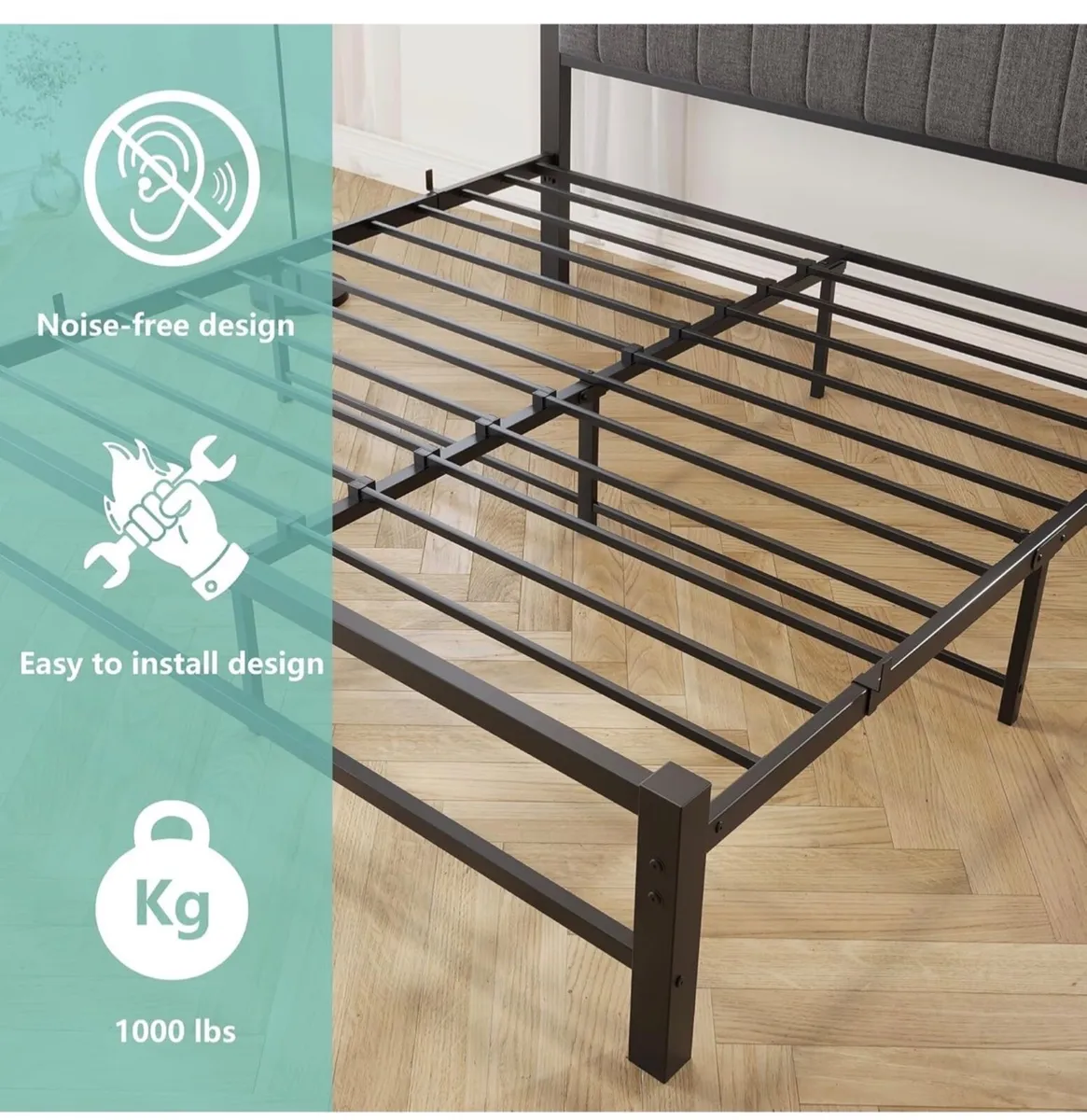 King Size Bed Frame with Storage Headboard, Metal - Image 3