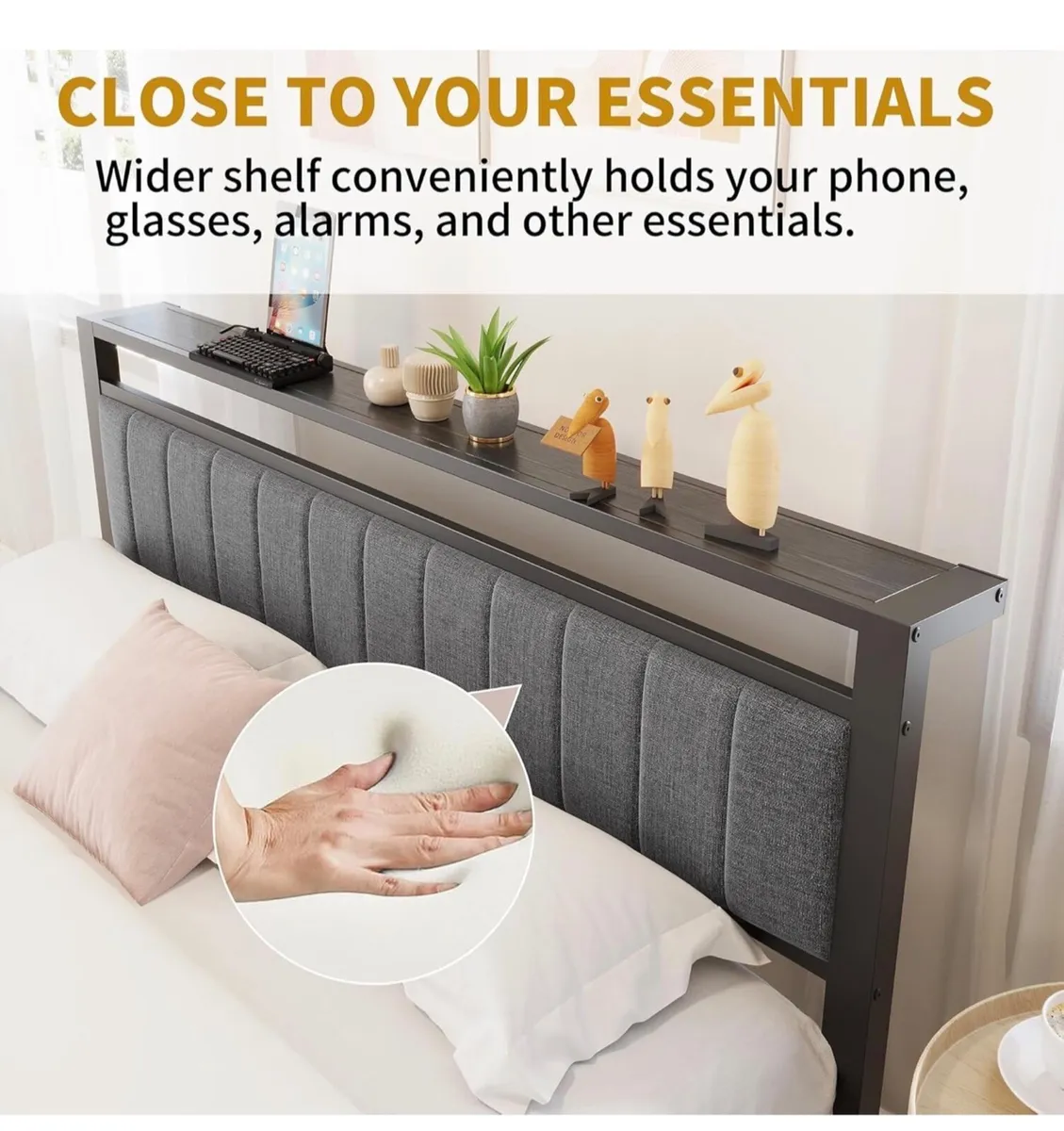 King Size Bed Frame with Storage Headboard, Metal - Image 3
