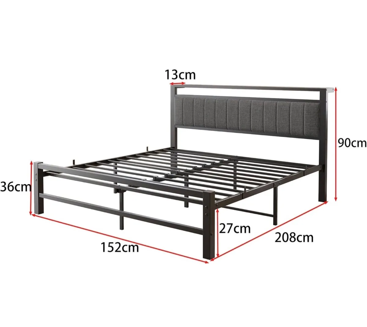 King Size Bed Frame with Storage Headboard, Metal - Image 4