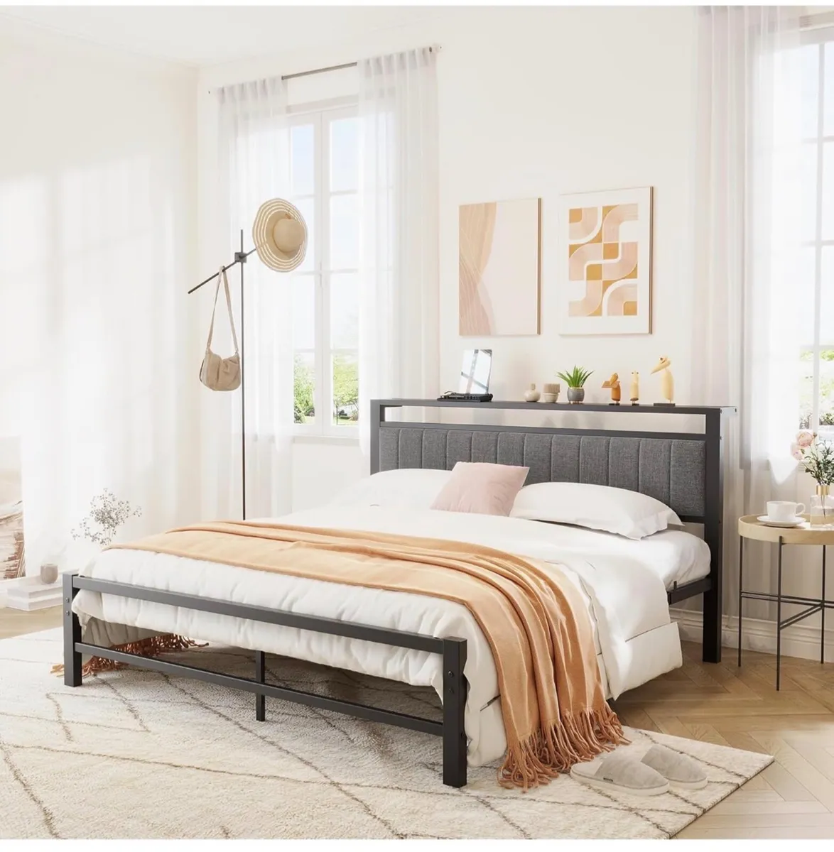King Size Bed Frame with Storage Headboard, Metal - Image 1