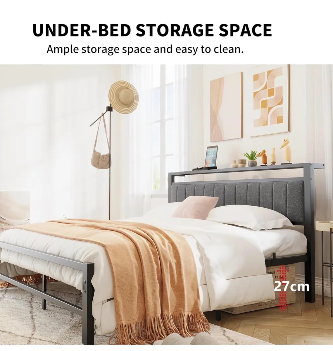 King Size Bed Frame with Storage Headboard, Metal - Image 2