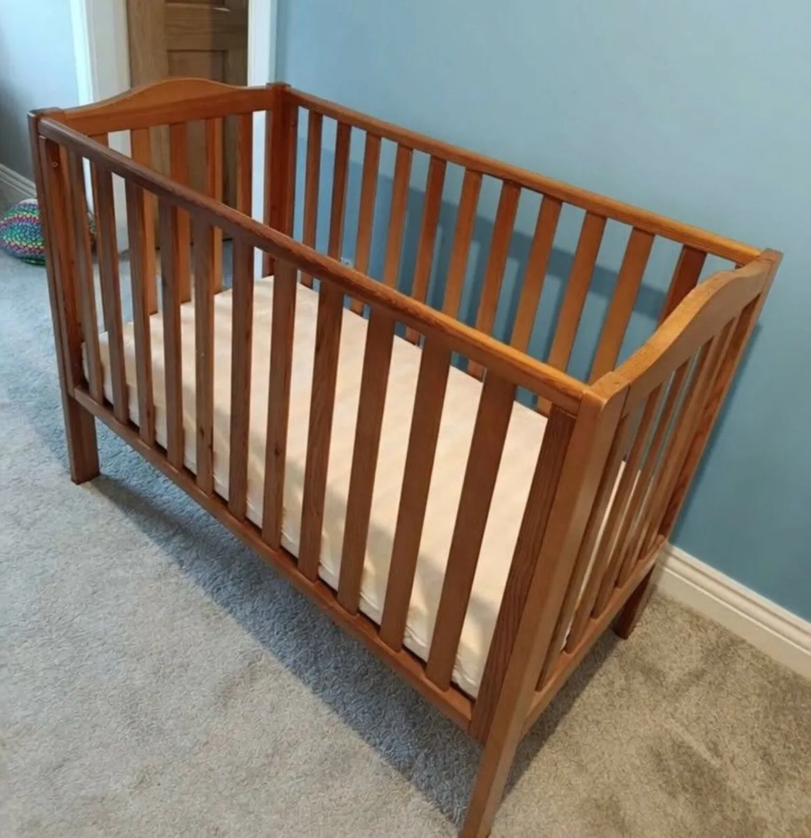 Brown Wooden Baby Cot + Mattress – Great Condition - Image 1