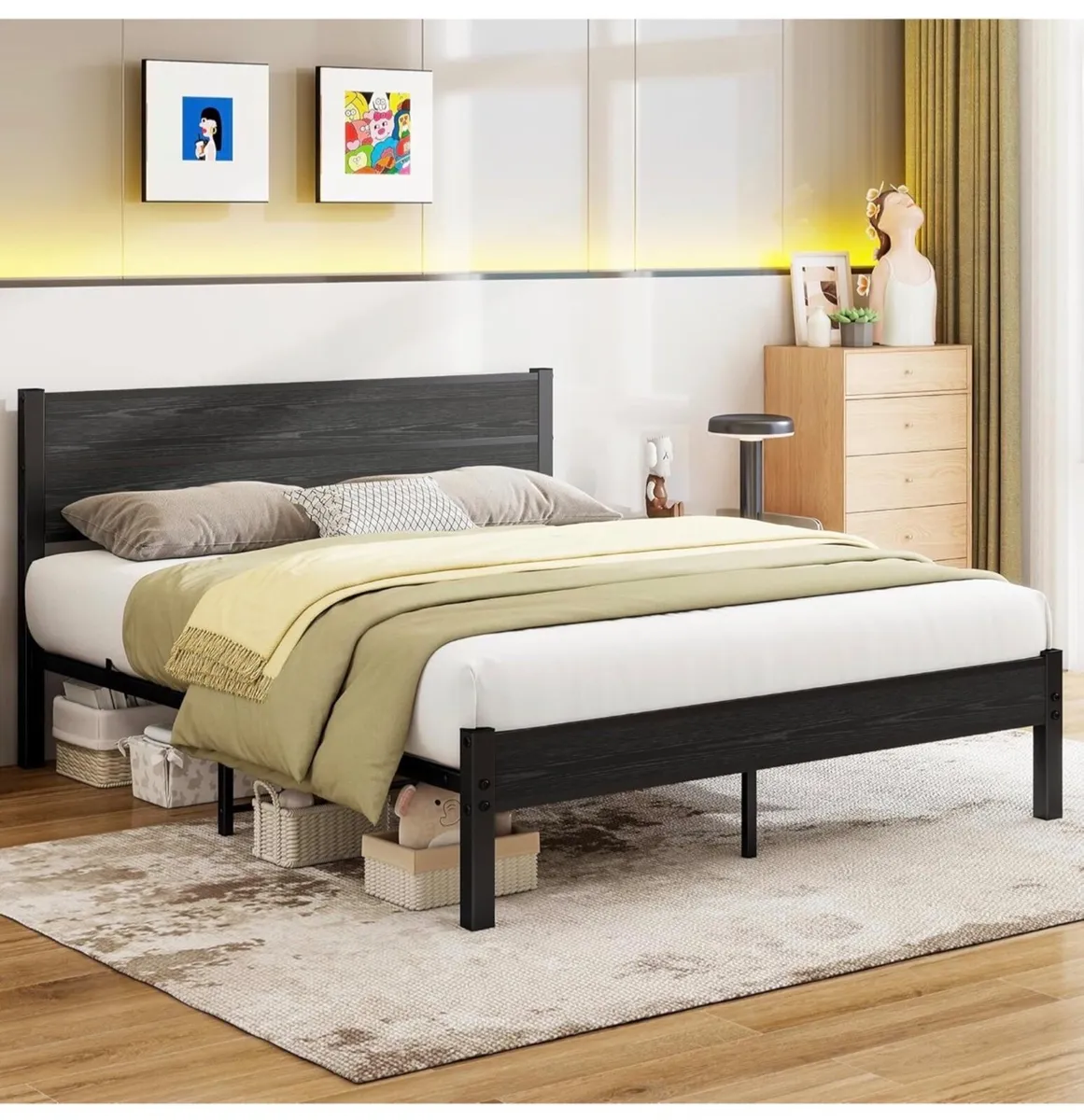 King Size Bed Frame with Wooden Headboard Bed Fram - Image 1