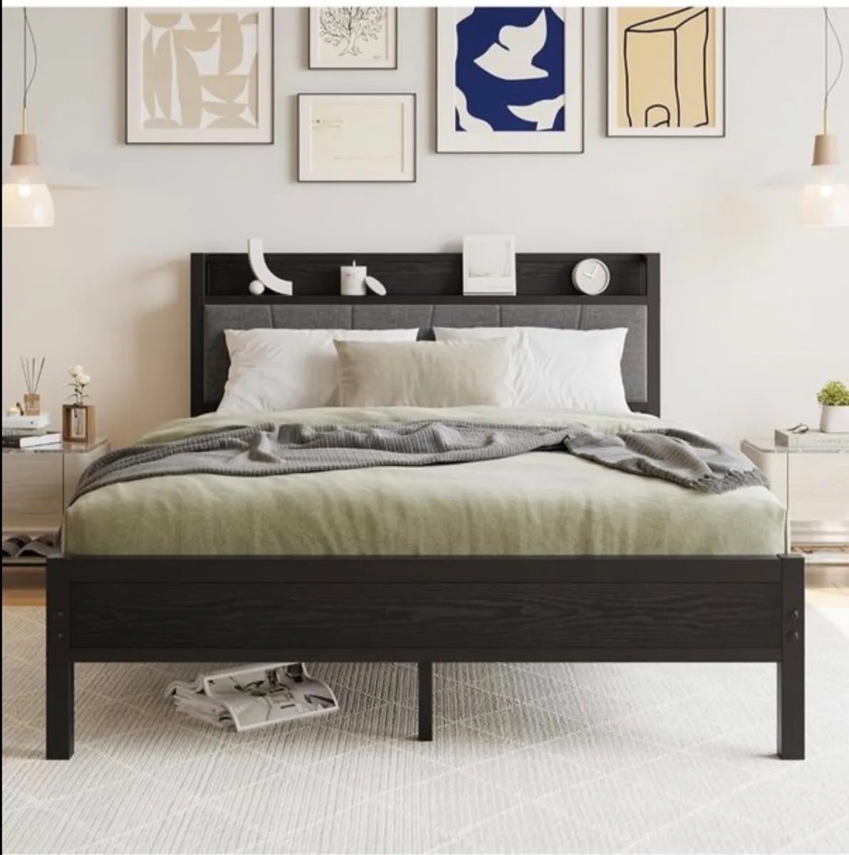 King Size Bed Frame with Storage Wooden Headboard, - Image 1