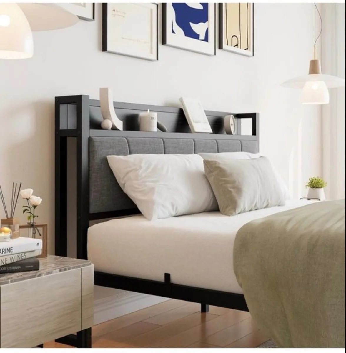 King Size Bed Frame with Storage Wooden Headboard, - Image 2