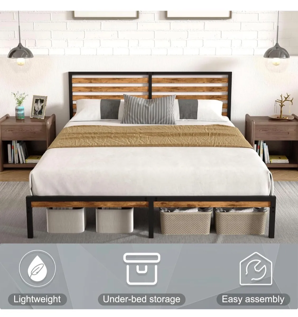 King Bed Frame, Vintage Wooden Headboard, Metal Pl - Image 4