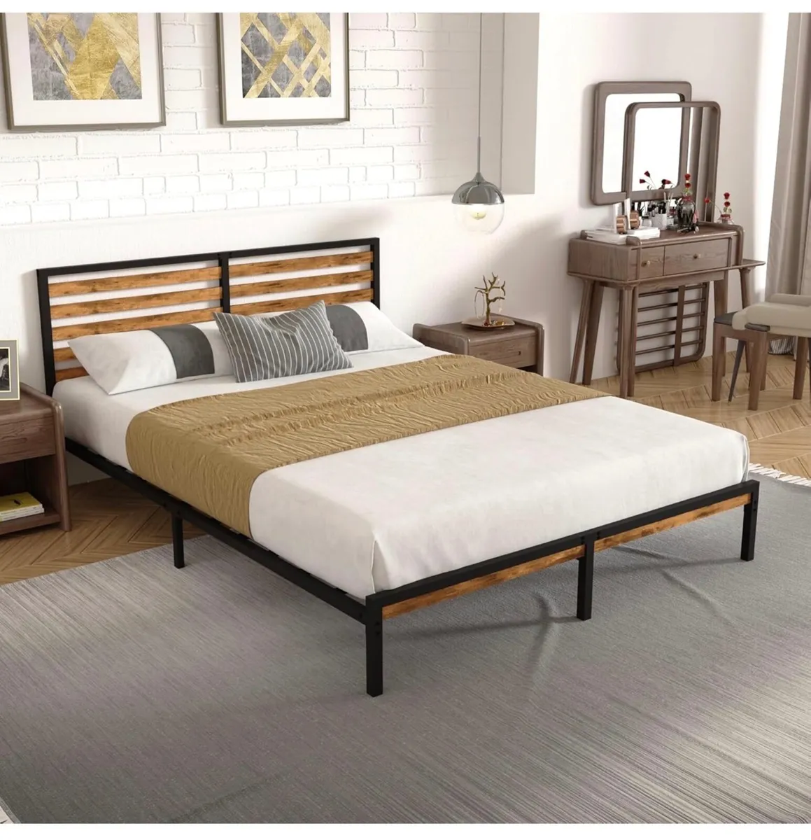 King Bed Frame, Vintage Wooden Headboard, Metal Pl - Image 1