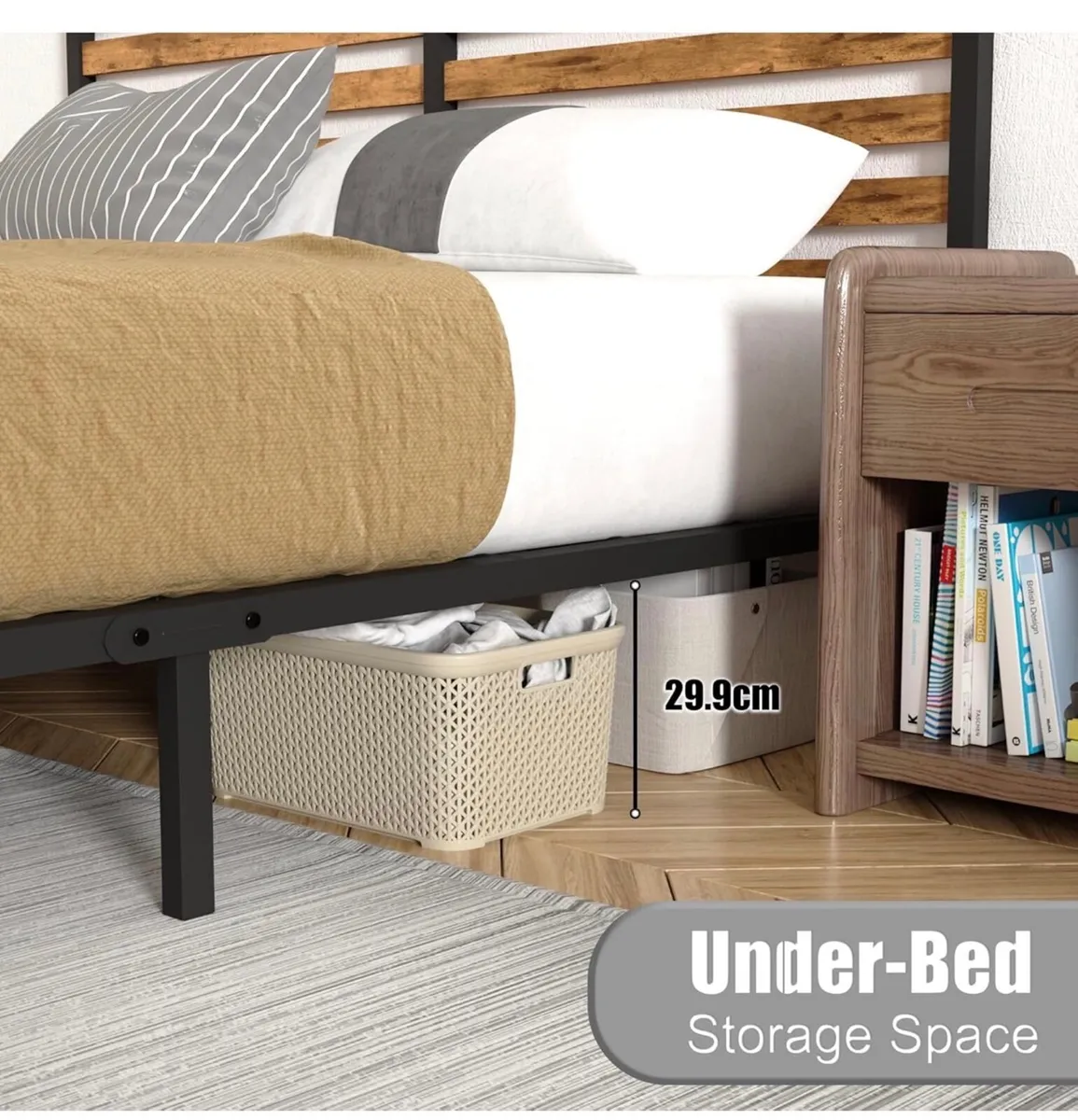 King Bed Frame, Vintage Wooden Headboard, Metal Pl - Image 3