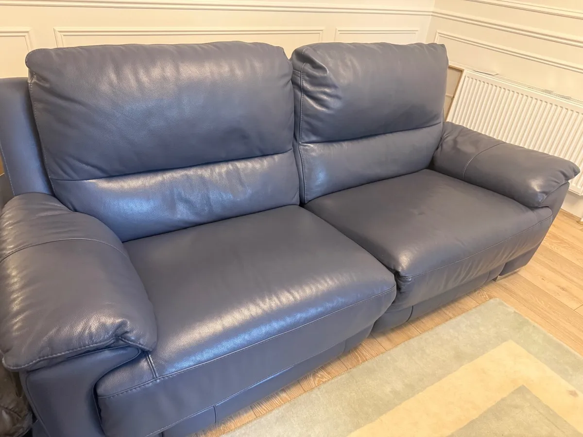 Blue Leather DFS Recliner Sofa & Footstool - Image 1