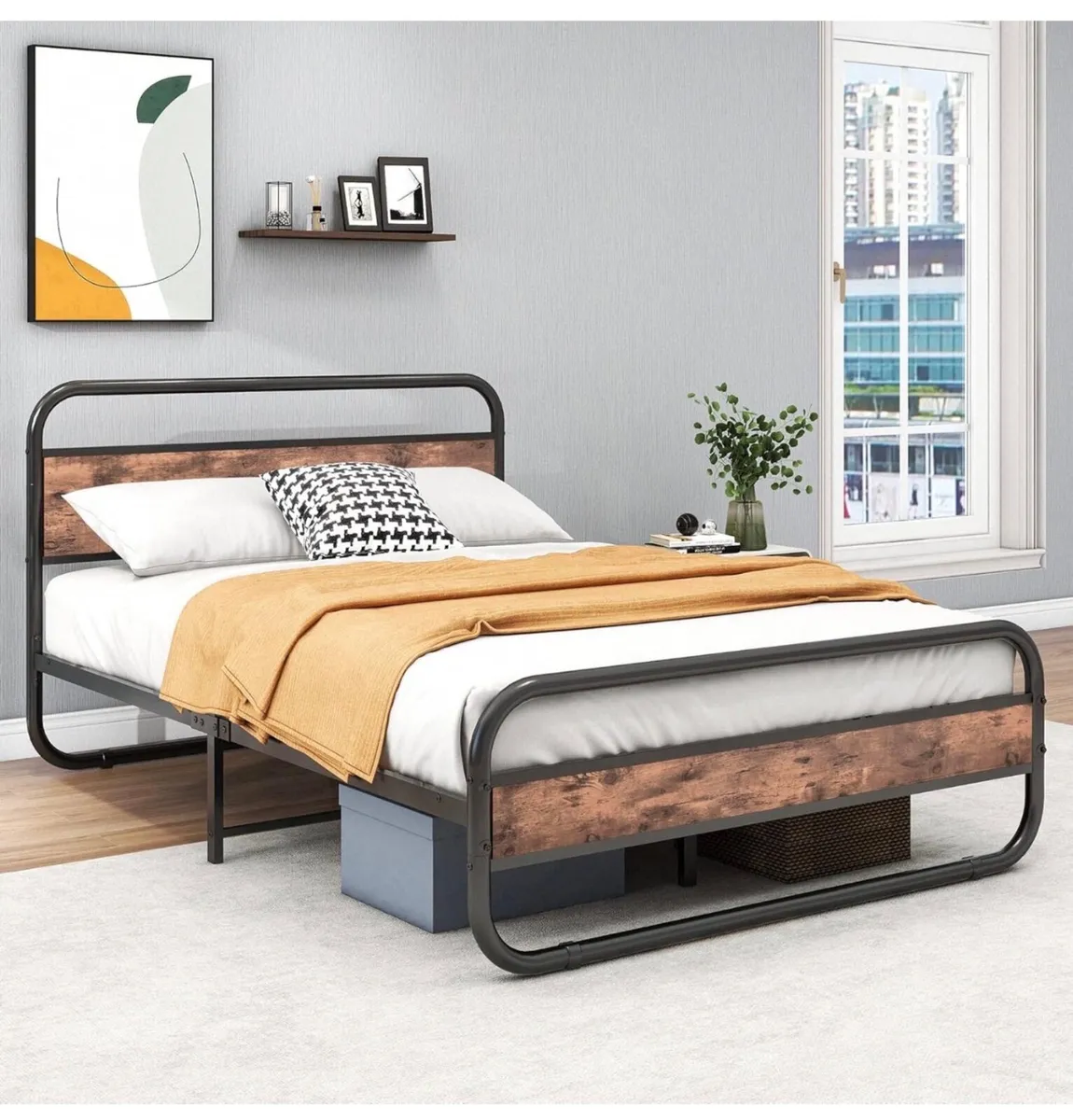 King Size Bed Frame with Headboard,Oval-Shaped Pla - Image 1