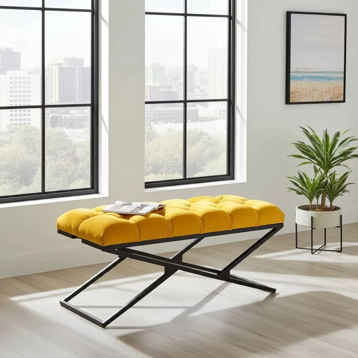 Metal-Framed Bench 100x40cm Gold Frame / Velour - Image 4