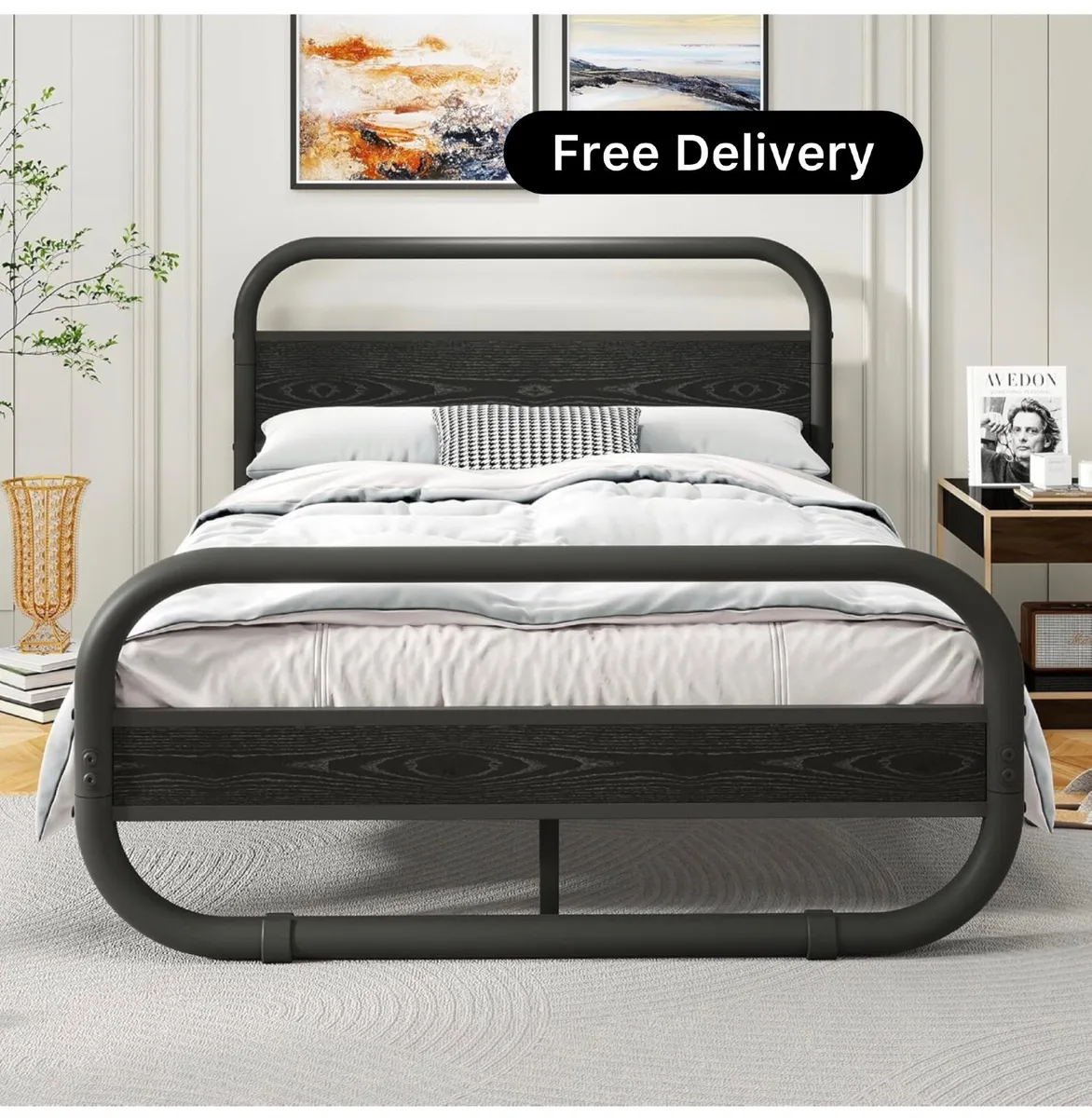 King Size Bed Frame with Headboard,150x200 Oval-Sh - Image 1