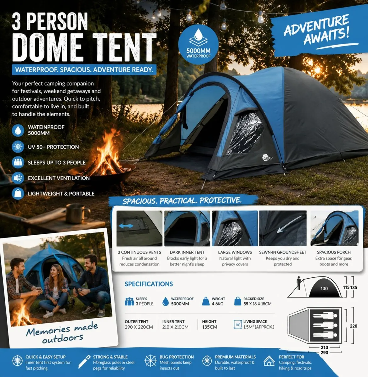 3 Person Dome Camping Tent Waterproof 5000mm with - Image 1