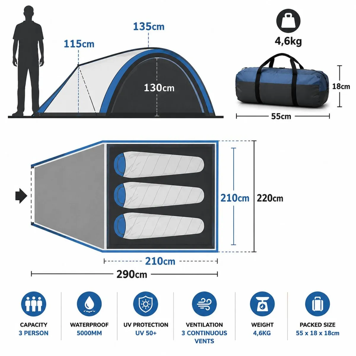 3 Person Dome Camping Tent Waterproof 5000mm with - Image 2