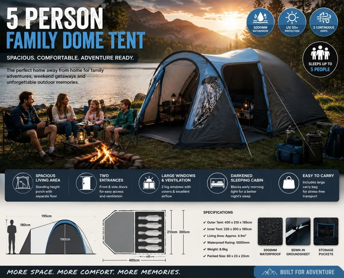 5 Person Dome Tent Living Room Side Entrance Windo - Image 1