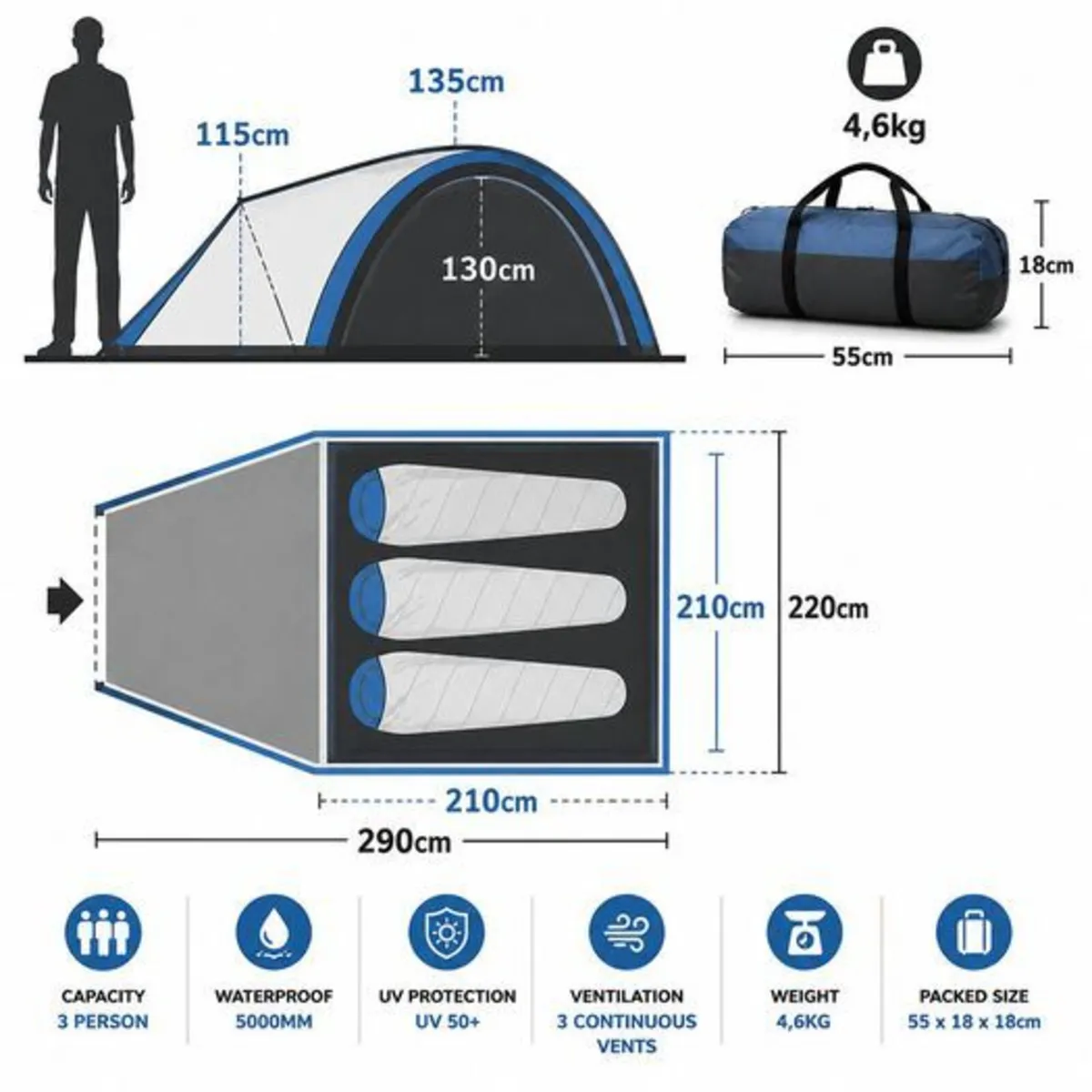 3 Person Dome Camping Tent Waterproof 5000mm with - Image 3