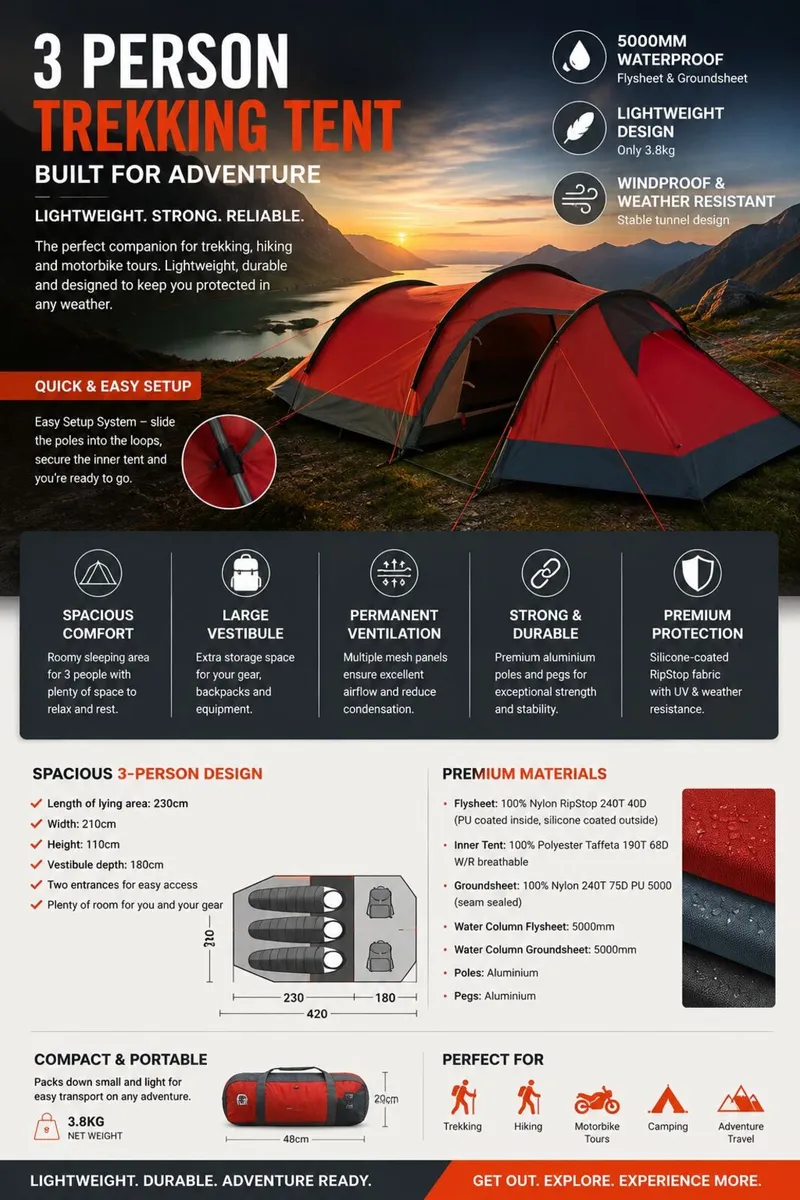 3 Person Silicone Trekking Tent 5000mm Waterproof - Image 1