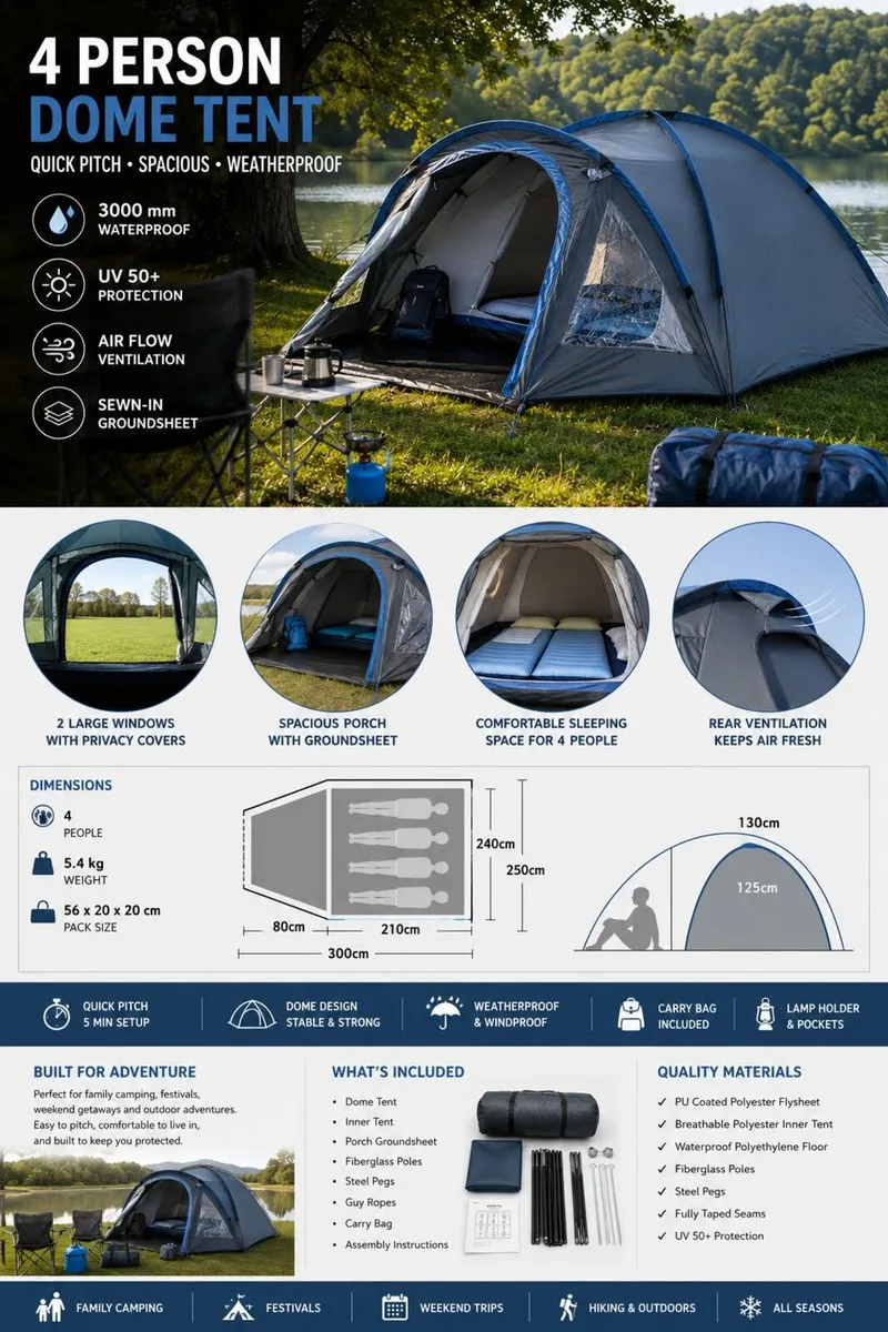 4 Person Dome Camping Tent With Porch Groundsheet - Image 1