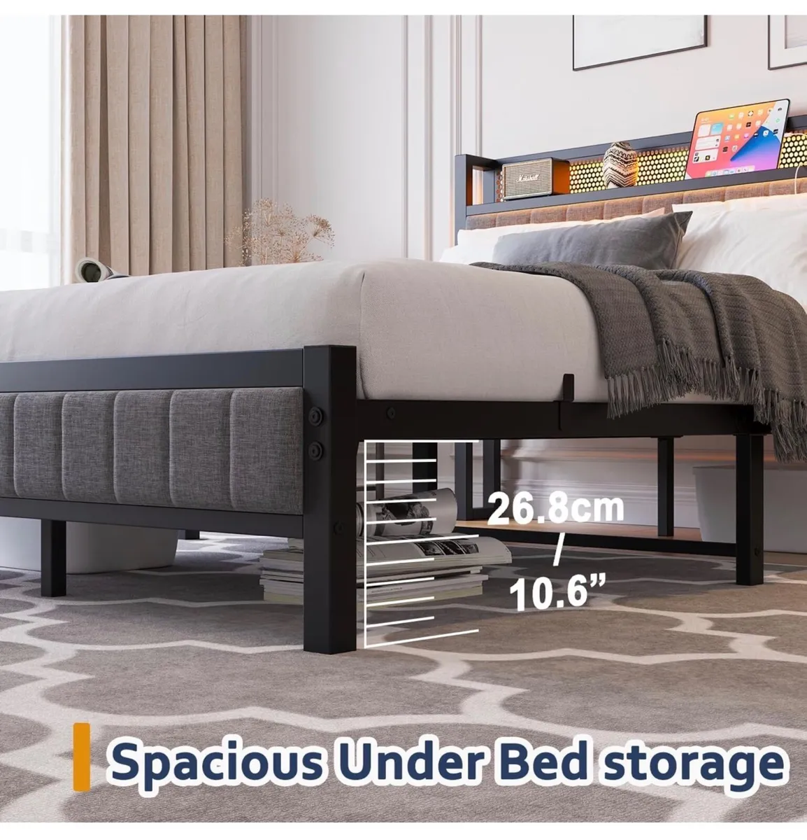 King Size Bed Frame with Upholstered Headboard, Wo - Image 3