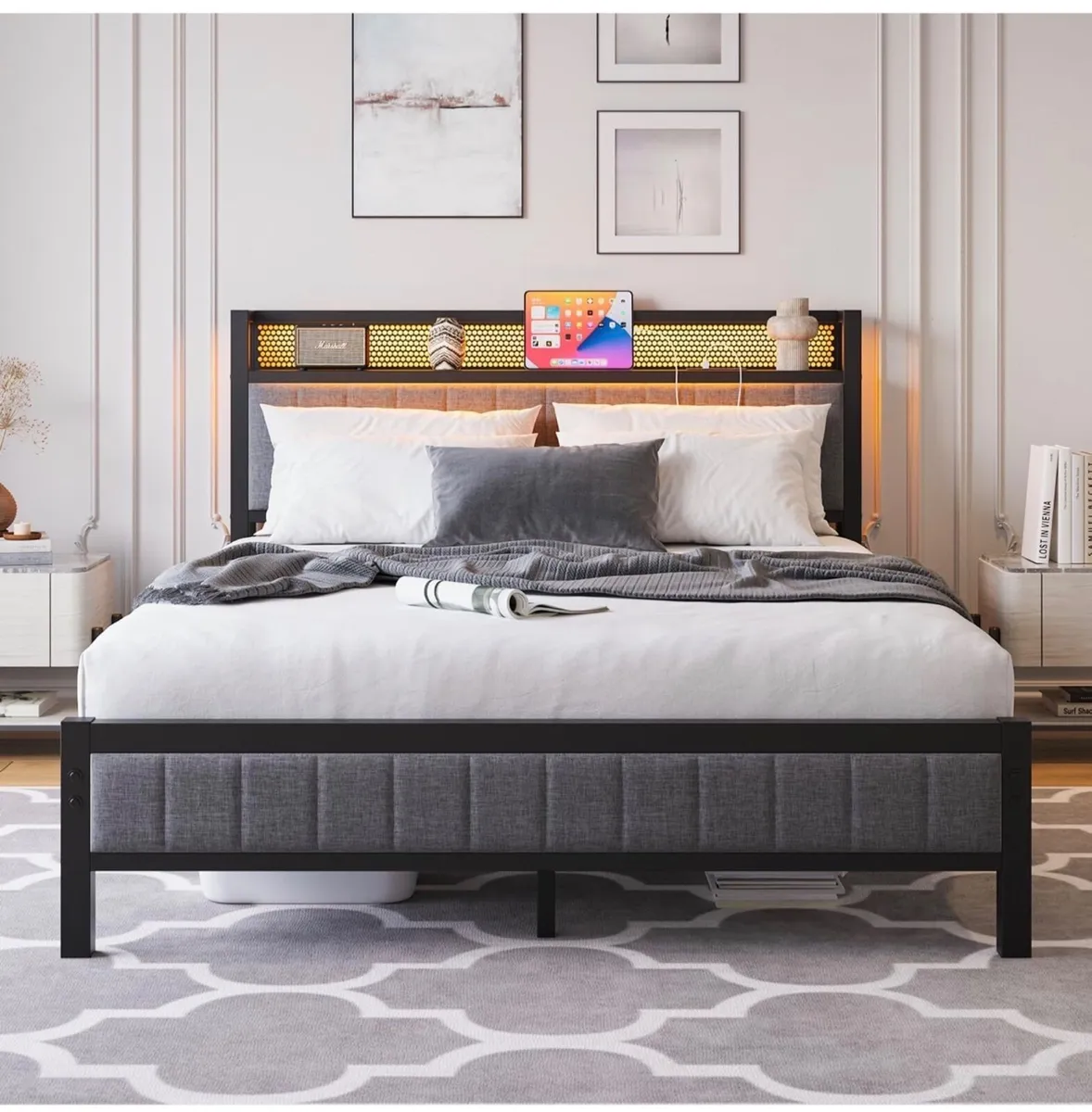 King Size Bed Frame with Upholstered Headboard, Wo - Image 4