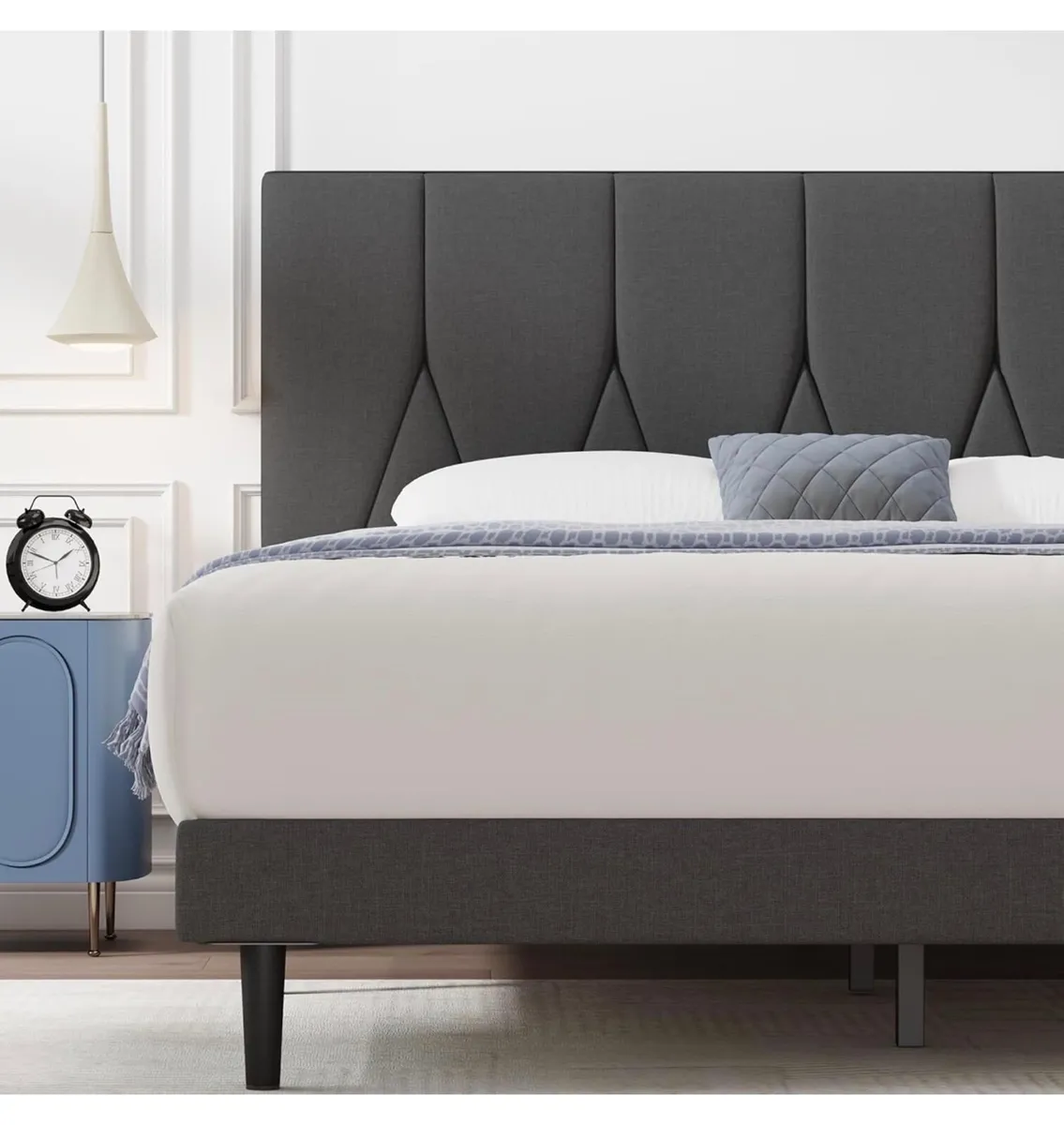 King Bed Frame, Dark Grey, Upholstered Wooden Slat - Image 2