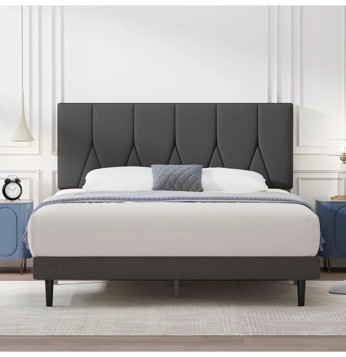 King Bed Frame, Dark Grey, Upholstered Wooden Slat - Image 4