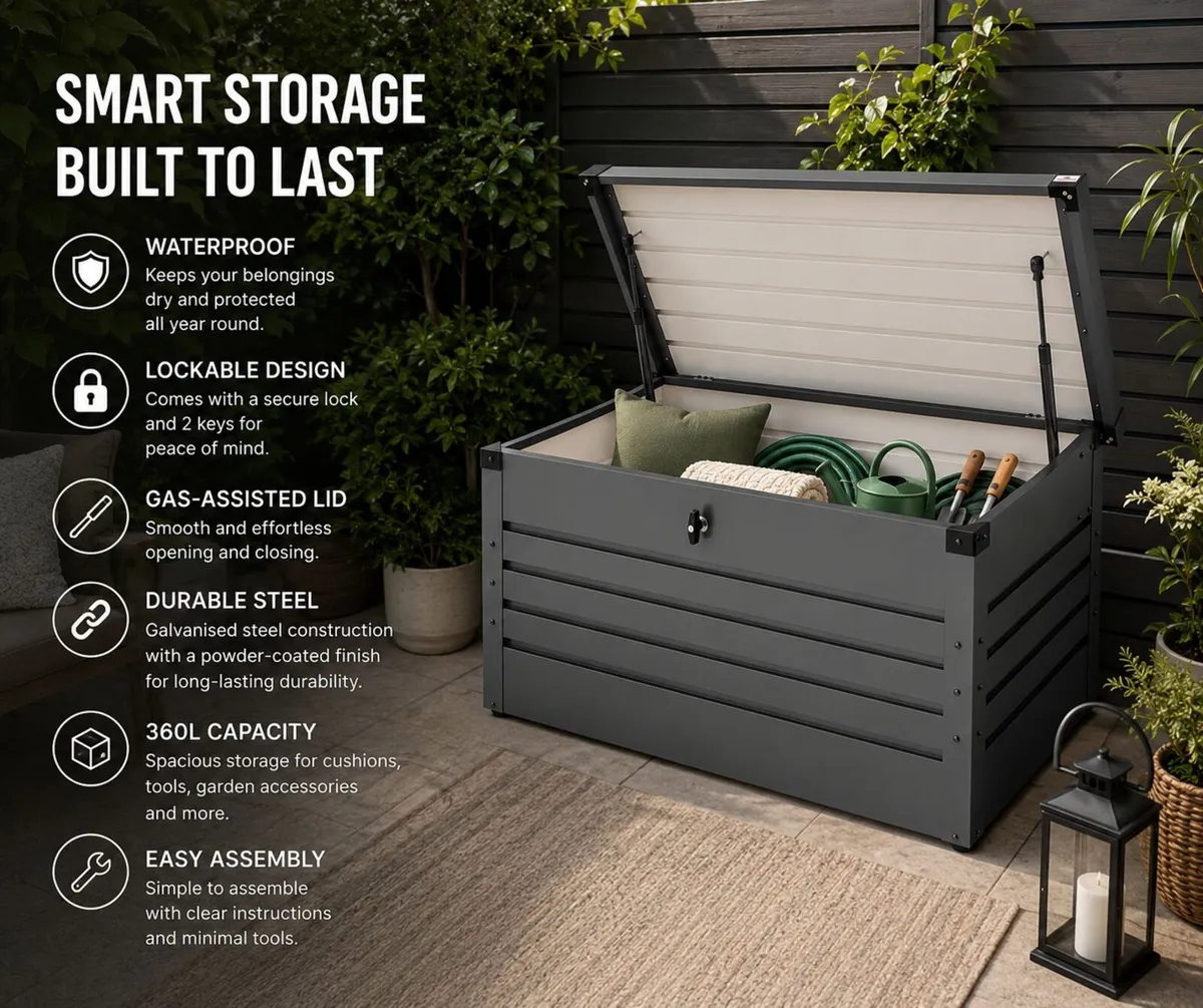 Metal Garden Storage Box 360L Waterproof Lockable - Image 1