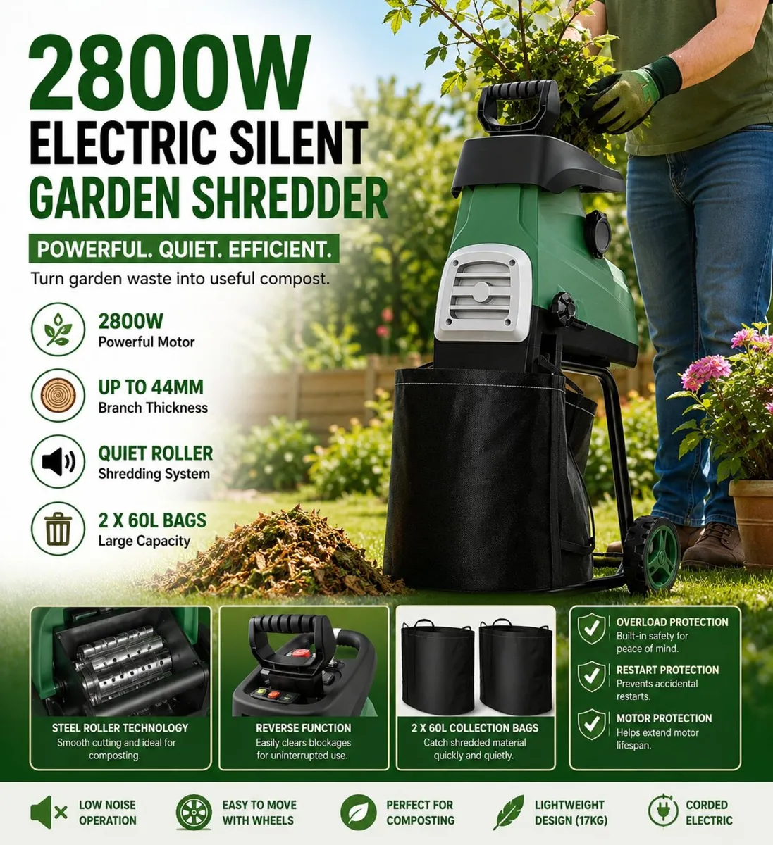 Electric Silent Garden Shredder 2800W with 2 x 60L - Image 1