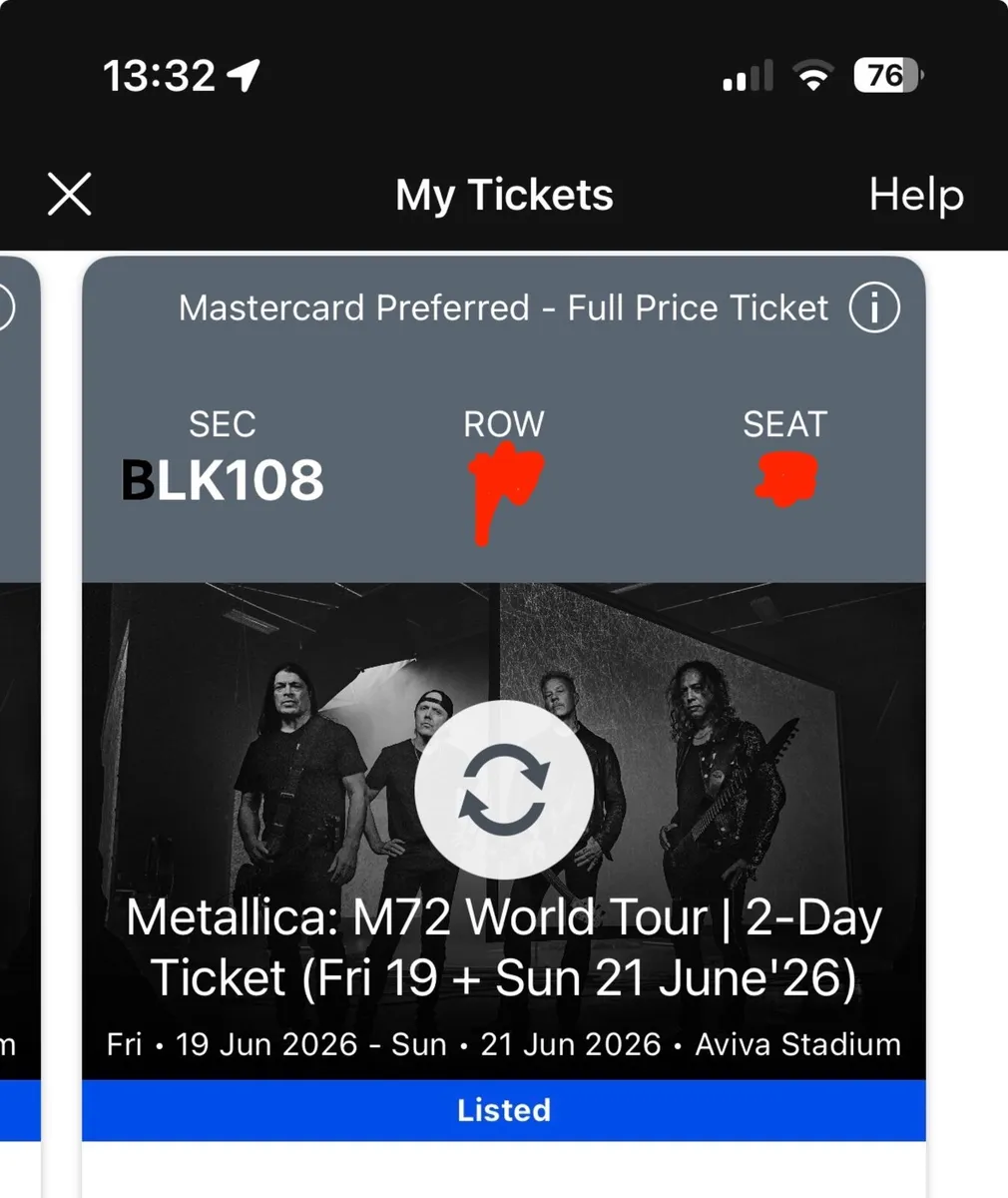 Metallica 2 day tickets Dublin - Great seats