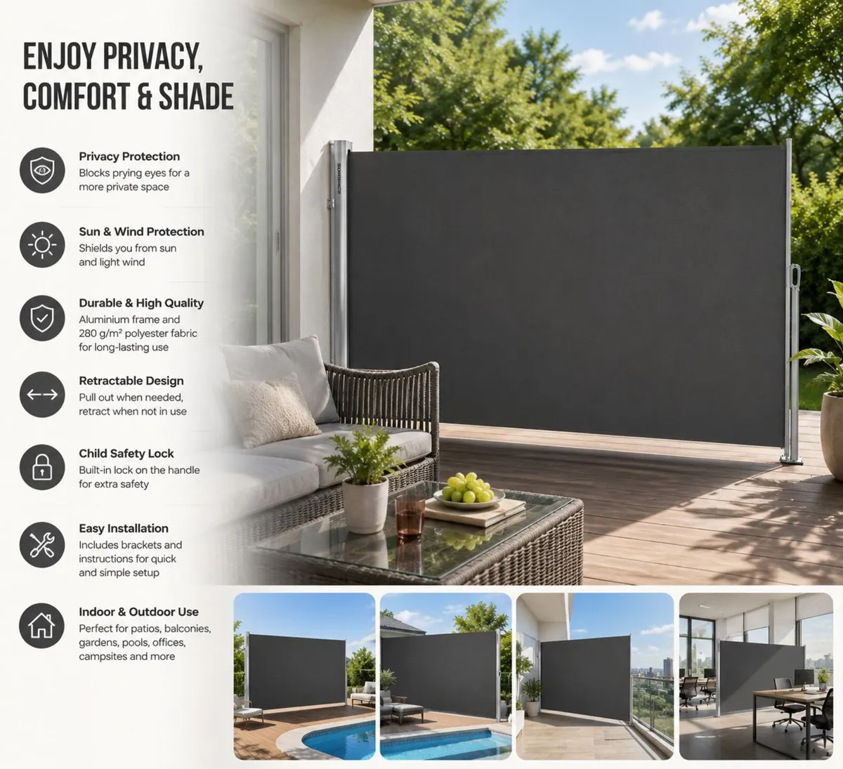Side Awning 160 x 400 cm Privacy Screen UV Protect - Image 1