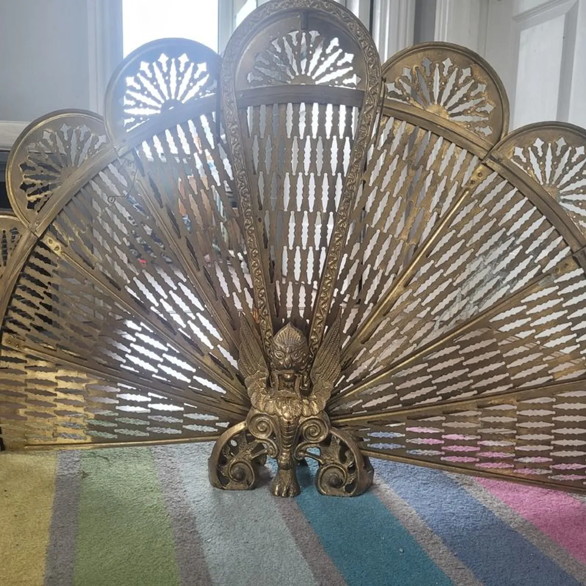 Vintage Art Deco Brass Peacock Fan Fireplace Screen - Image 1