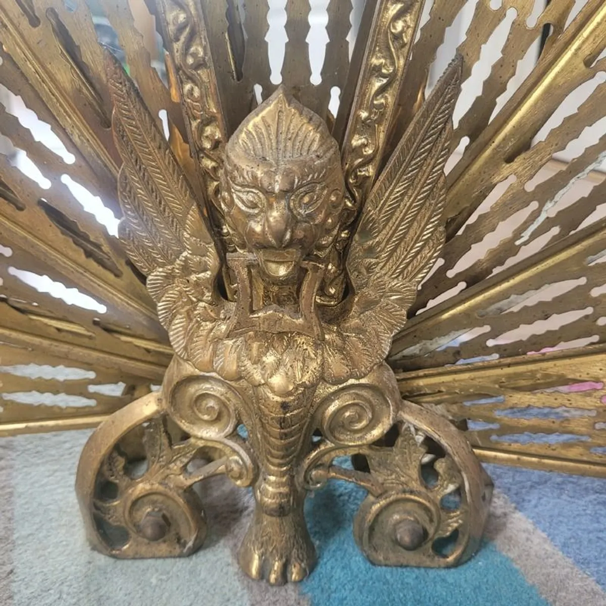 Vintage Art Deco Brass Peacock Fan Fireplace Screen - Image 3